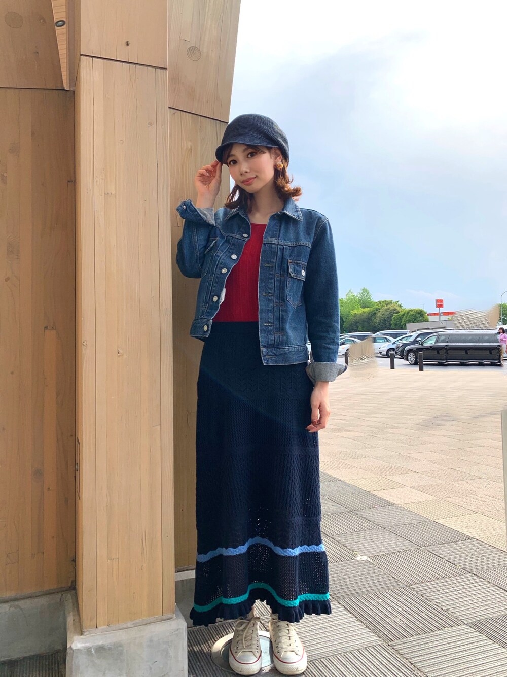 「LAYMEE、Gジャン、キャスケット」｜「LAYMEEのLos casquette / ロスキャスケット（キャスケット、ブルー系）」を使った、ＭＩＣＨＩＲＵさん（レディース・162cm）の春コーディネートの1枚目の写真