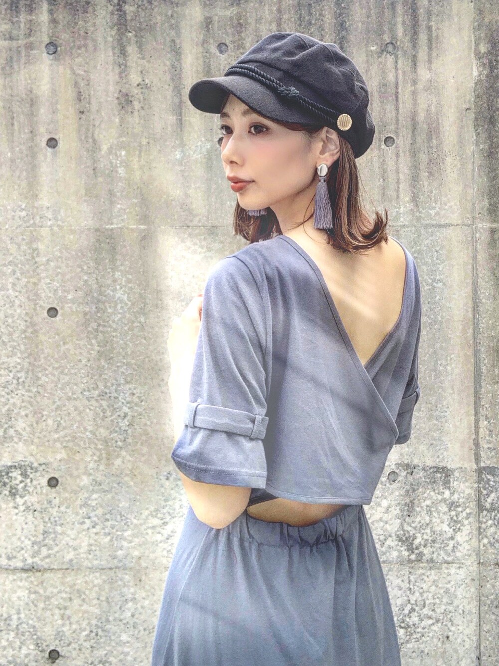 「 LAYMEE、背中あき、フリンジピアス、マリンキャップ、キャスケット」｜「LAYMEEのBeacon OP / ビーコンワンピース（ワンピース、ブルー系）」を使った、ＭＩＣＨＩＲＵさん（レディース・162cm）の夏コーディネートの1枚目の写真