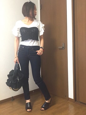 「one after another NICE CLAUP（ワンアフターアナザーナイスクラップ）の袖フリルＴシャツ（Tシャツ/カットソー、ホワイト系）」を使った、みっくすさん（レディース）の夏コーディネート