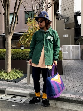 「アイテム（ハット、ブルー系）」を使った、はらださん（メンズ・172cm）の冬コーディネート