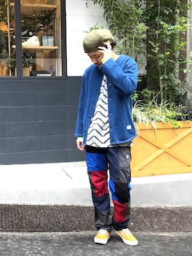 「ノーカラーシャツ」｜「アイテム（ハンチング/ベレー帽）」を使った、はらださん（メンズ・172cm）の春コーディネート