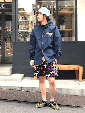 「アイテム（ハット、ブルー系）」を使った、はらださん（メンズ・172cm）の春コーディネート