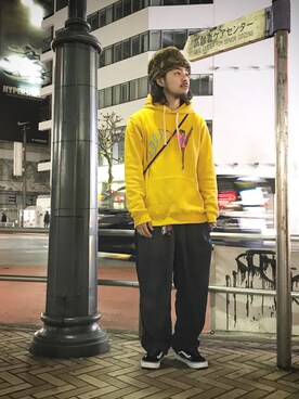 「アイテム（ハット、ブラウン系）」を使った、はらださん（メンズ・172cm）の秋コーディネート