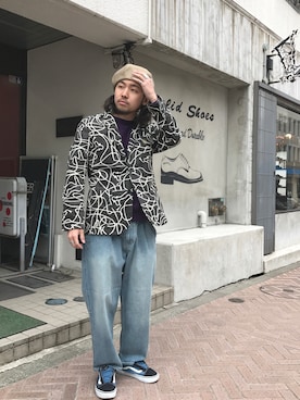 「総柄トップス」｜「アイテム（ジャケット/アウター）」を使った、はらださん（メンズ・172cm）の冬コーディネート