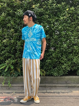 「タイダイ」｜「アイテム（ハンチング/ベレー帽）」を使った、はらださん（メンズ・172cm）の夏コーディネート