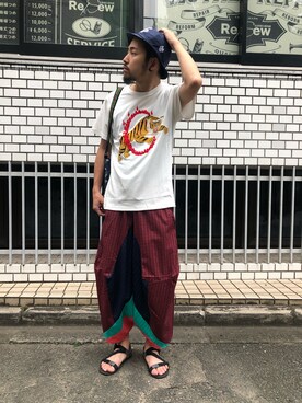 「ゆったりシルエット」｜「アイテム（帽子）」を使った、はらださん（メンズ・172cm）の夏コーディネート