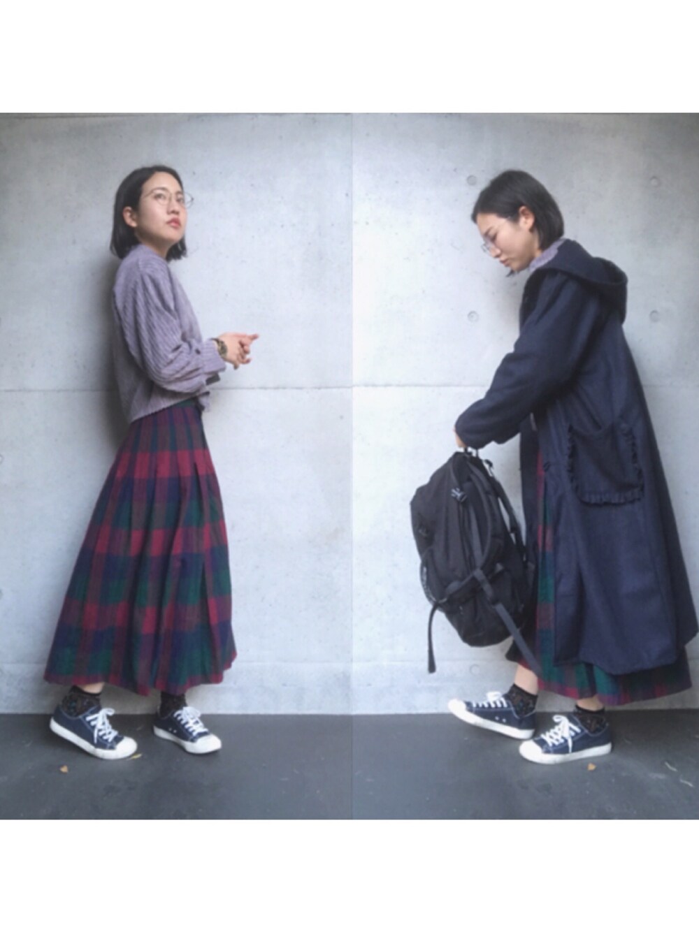 「カジュアルコーデ、オトナカジュアル、オトナ女子、スニーカーコーデ、めがね、ハイネックトップス、コーデュロイ、レトロ、古着、フリクロ」｜「MERLOTのフリルポケットダッフルロングコート7245（ダッフルコート、ブルー系）」を使った、ひらめ。さん（レディース・165cm）の冬コーディネートの1枚目の写真