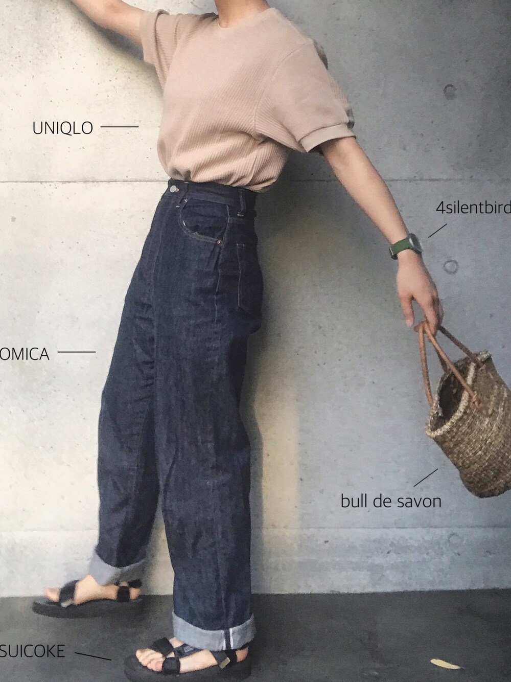 「オトナカジュアル、シンプル、パンツスタイル、はるコーデ、おしゃれさんと繋がりたい、UNIQLO、Tシャツ、ハイウエスト、デニム、ANATOMICA」｜「UNIQLOのワッフルクルーネックT（5分袖）（Tシャツ/カットソー、ベージュ系）」を使った、ひらめ。さん（レディース・165cm）の春コーディネートの1枚目の写真