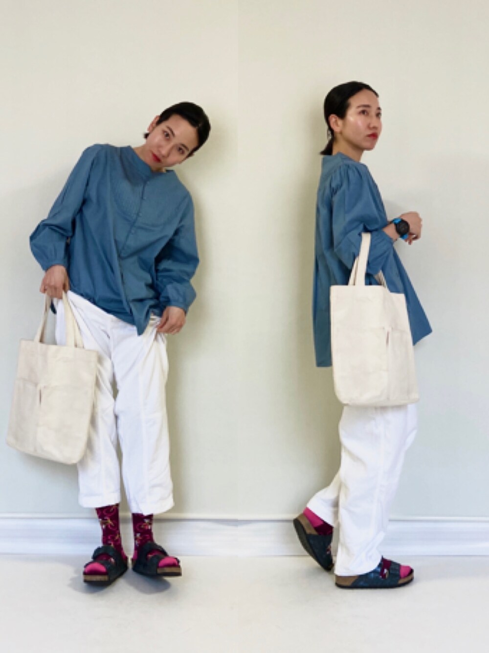 「春コーデ、カジュアル、ホワイトパンツ、デニム、ホワイトデニム、UNIQLO、ユニクロ、プチプラ、ブラウス、ナチュラル」｜「Fillilのピンタックブラウス（シャツ/ブラウス、ブルー系）」を使った、ひらめ。さん（レディース・165cm）の春コーディネートの1枚目の写真