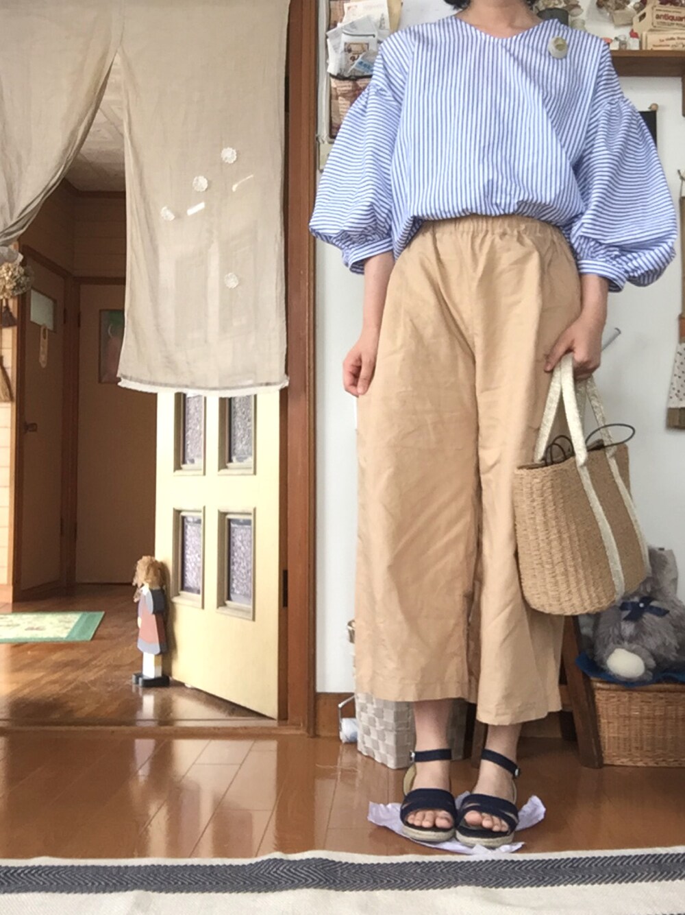 「シンプル、夏コーデ、ハンドメイド、カジュアル、かごバッグ、ストライプ」｜「SESTOのジュートソールのアンクルストラップフラットサンダル（サンダル、その他）」を使った、m@さん（レディース・164cm）の夏コーディネートの1枚目の写真
