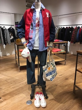 「長袖シャツ」｜「アイテム（スタジャン）」を使った、WAIさん（メンズ・158cm）の冬コーディネート