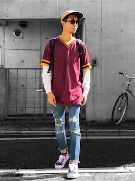 「H&M（エイチ・アンド・エム）のアイテム（デニムパンツ）」を使った、macky☺︎さん（メンズ・172cm）の秋コーディネート