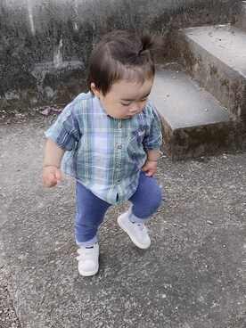 「Moujonjon（ムージョンジョン）のアイテム（シャツ/ブラウス）」を使った、こっちゃんさん（キッズ・90cm）の秋コーディネート