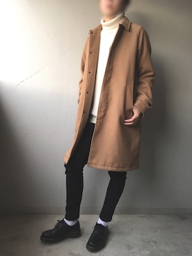 「2018マイベストコーデ」｜「アイテム（ステンカラーコート）」を使った、おでんでんさん（メンズ・180cm）の冬コーディネート