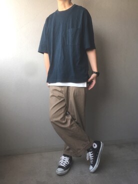 「EMMA  CLOTHES」｜「アイテム（チノパンツ）」を使った、おでんでんさん（メンズ・180cm）の春コーディネート