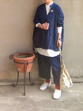 「ネイビー×ホワイト」｜「アイテム（その他シューズ）」を使った、Sachiさん（レディース・152cm）の春コーディネート