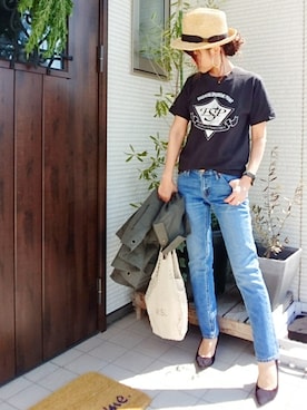 「麦わら帽子」｜「アイテム（ミリタリージャケット）」を使った、𝕪𝕦𝕚さん（レディース・155cm）の春コーディネート