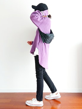 「14+（イチヨンプラス）のUSAコットンキャップ（キャップ）」を使った、𝕪𝕦𝕚さん（レディース・155cm）の春コーディネート