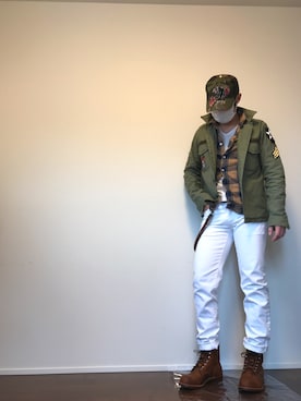「marka（マーカ）のアイテム（ミリタリージャケット）」を使った、つてのろたさん（メンズ・167cm）の冬コーディネート