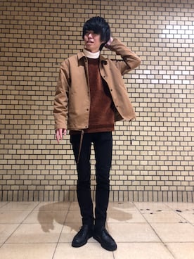 「GU（ジーユー）の（GU）スキニーフィットジーンズ（MEN ⁄ ジーンズ）」を使った、やまーさんさん（メンズ・177cm）の冬コーディネート