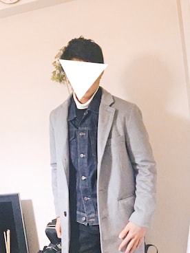 「HVC（エイチブイシー）のアイテム（チェスターコート）」を使った、shionさん（メンズ・181cm）の冬コーディネート