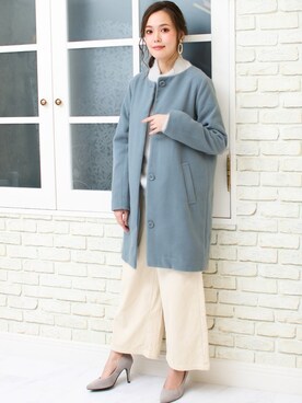 「サックスブルー」｜「アイテム（ノーカラージャケット）」を使った、SocialGIRLさん（レディース・167cm）の冬コーディネート
