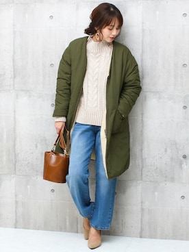 「アイテム（ノーカラージャケット、グリーン系）」を使った、SocialGIRLさん（レディース・163cm）の冬コーディネート