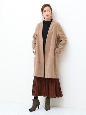 「Social GIRL（ソーシャルガール）のVネック ノーカラーコート ロングコート（ノーカラーコート）」を使った、SocialGIRLさん（レディース・167cm）の冬コーディネート