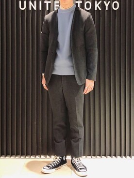 「UNITED TOKYO（ユナイテッドトウキョウ）のアイテム（ノーカラージャケット）」を使った、山浦俊介さん（メンズ・175cm）の冬コーディネート