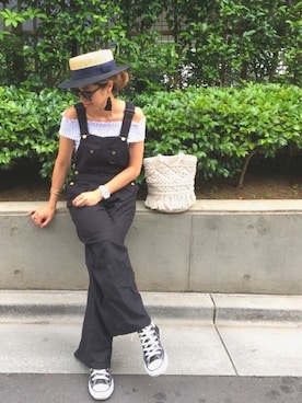 「ハットコーデ」｜「アイテム（サロペット/オーバーオール）」を使った、naaaamiさん（レディース・158cm）の夏コーディネート