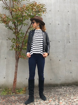 「ハットコーデ」｜「アイテム（ライダースジャケット）」を使った、naaaamiさん（レディース・158cm）の秋コーディネート