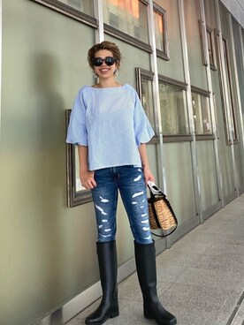 「ストライプ」｜「アイテム（レインシューズ）」を使った、naaaamiさん（レディース・158cm）の夏コーディネート