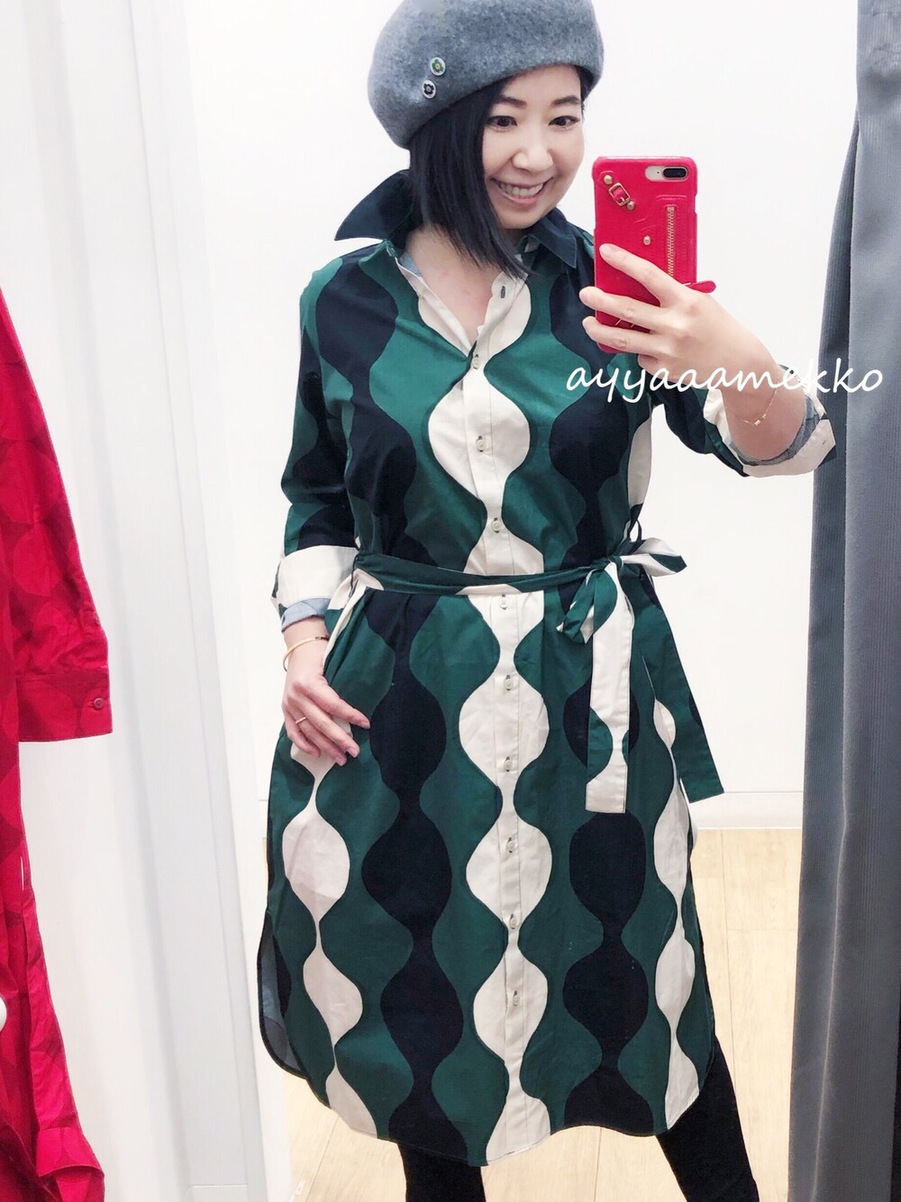 「シャツワンピ、ユニクロマリメッコ、UNIQLO、ユニクロ、marimekko、マリメッコ、マリメッコワンピース、CA4LA、ベレー帽」｜「UNIQLOのアイテム（シャツワンピース、グリーン系）」を使った、ayyaaamekkoさん（レディース・150cm）の夏コーディネートの1枚目の写真