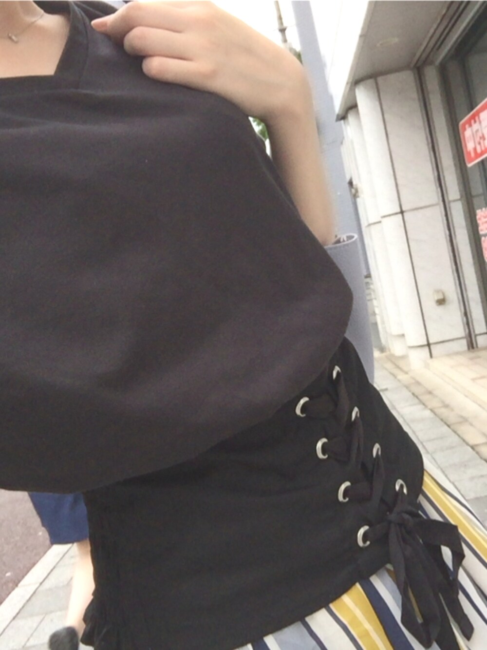 「ラクチンコーデ、ウエストマーク」｜「AS KNOW AS PINKYのアイテム（Tシャツ/カットソー、ブラック系）」を使った、mizukiさん（レディース・162cm）の夏コーディネートの1枚目の写真