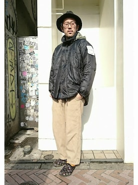 「BURLAP OUTFITTER（バーラップアウトフィッター）のアイテム（ダウンジャケット/コート）」を使った、naouさん（メンズ・182cm）の冬コーディネート