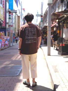 「meanswhile（ミーンズワイル）のアイテム（Tシャツ/カットソー）」を使った、naouさん（メンズ・182cm）の夏コーディネート