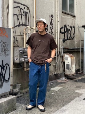 「meanswhile（ミーンズワイル）のアイテム（トップス）」を使った、naouさん（メンズ・182cm）の夏コーディネート