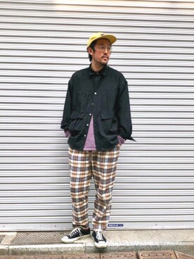 「meanswhile（ミーンズワイル）のアイテム（トップス）」を使った、naouさん（メンズ・182cm）の春コーディネート