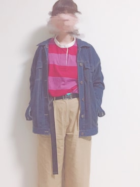 「ラガーシャツ」｜「アイテム（デニムジャケット）」を使った、kaorunさん（レディース・160cm）の春コーディネート