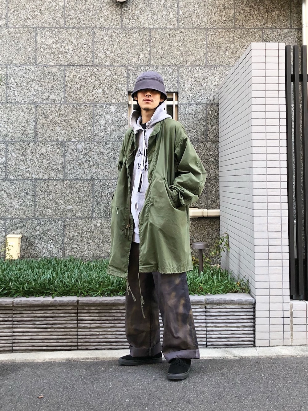 「モッズコート、セーラーハット、ｺﾞﾘﾗｶｯﾄ、ビンテージ、reverseweave、古着」｜「70'sのアイテム（モッズコート、グリーン系）」を使った、アキヲさん（メンズ・172cm）の秋コーディネートの1枚目の写真