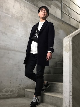 「ノーカラーシャツ」｜「アイテム（チェスターコート）」を使った、TadahiroMurataさん（メンズ・178cm）の冬コーディネート