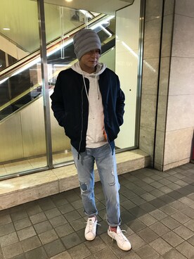 「アイテム（MA-1、ブルー系）」を使った、mymania さん（メンズ・179cm）の冬コーディネート