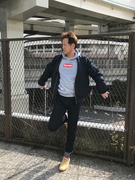 「アイテム（MA-1、ブルー系）」を使った、mymania さん（メンズ・179cm）の冬コーディネート