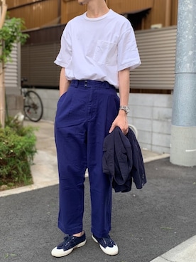 「ORCIVAL（オーシバル）の【ORCIVAL/オーシバル】ハイカウントポケットTEE（＃RC-9166)（Tシャツ/カットソー）」を使った、須山さん（メンズ・177cm）の夏コーディネート