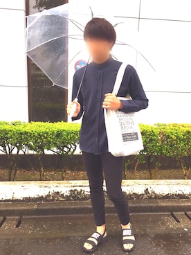 「MONO-MART（モノマート）のT/R ストレッチ バンドカラーシャツ（シャツ/ブラウス、ブルー系）」を使った、よっくんさん（メンズ・171cm）の夏コーディネート