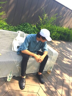 「HARE（ハレ）のサテンカイキンシャツ(HARE)（シャツ/ブラウス、グレー系）」を使った、よっくんさん（メンズ・171cm）の夏コーディネート