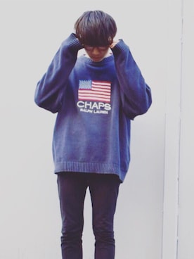 「古着のアイテム（ニット/セーター、ブルー系）」を使った、よっくんさん（メンズ・171cm）の冬コーディネート