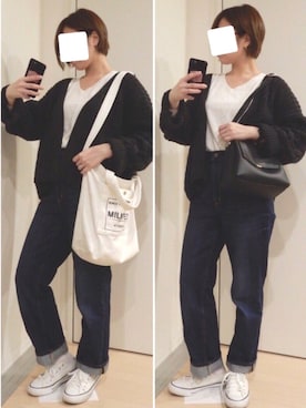 「アイテム（デニムパンツ）」を使った、mugiさん（レディース・159cm）の秋コーディネート