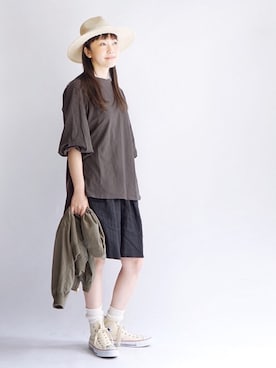 「ハーフパンツ」｜「アイテム（MA-1）」を使った、イシカワさん（レディース・160cm）の夏コーディネート
