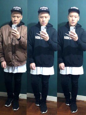 「アイテム（MA-1、ピンク系）」を使った、Edimundson さん（メンズ・180cm）の秋コーディネート